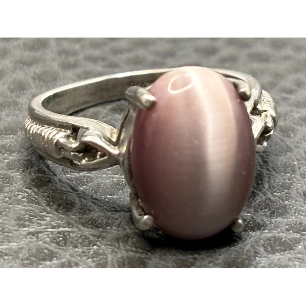 Vintage Sterling Silver Pink Cat's Eye Oval Cabochon Ring Statement Size 7